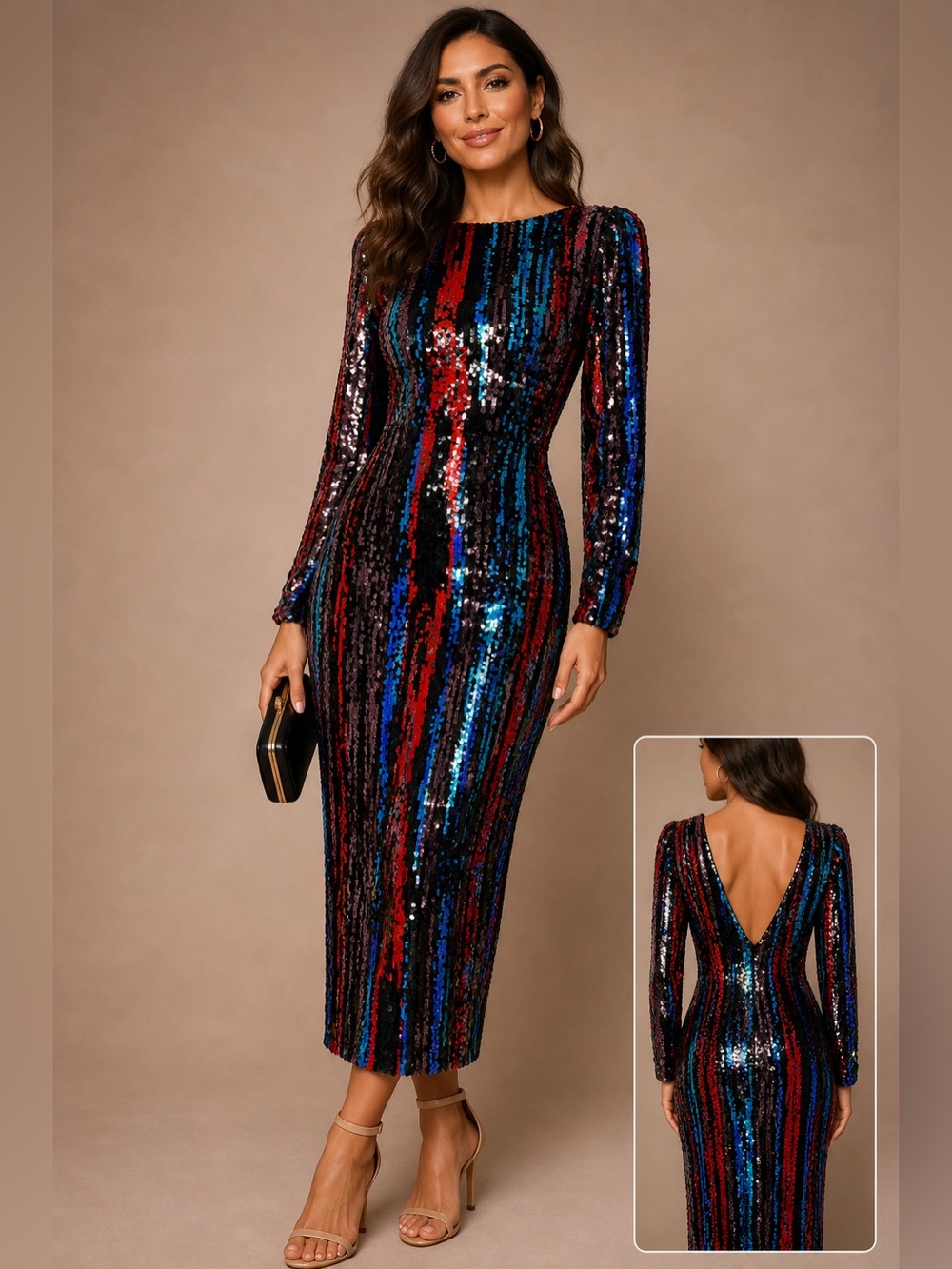 Dress the Population Multicolor Sequin Long Sleeve Midi Dress